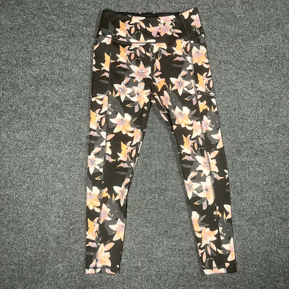 Victorias Secret Floral High Waist Leggings Pockets Black Pink Sz 8